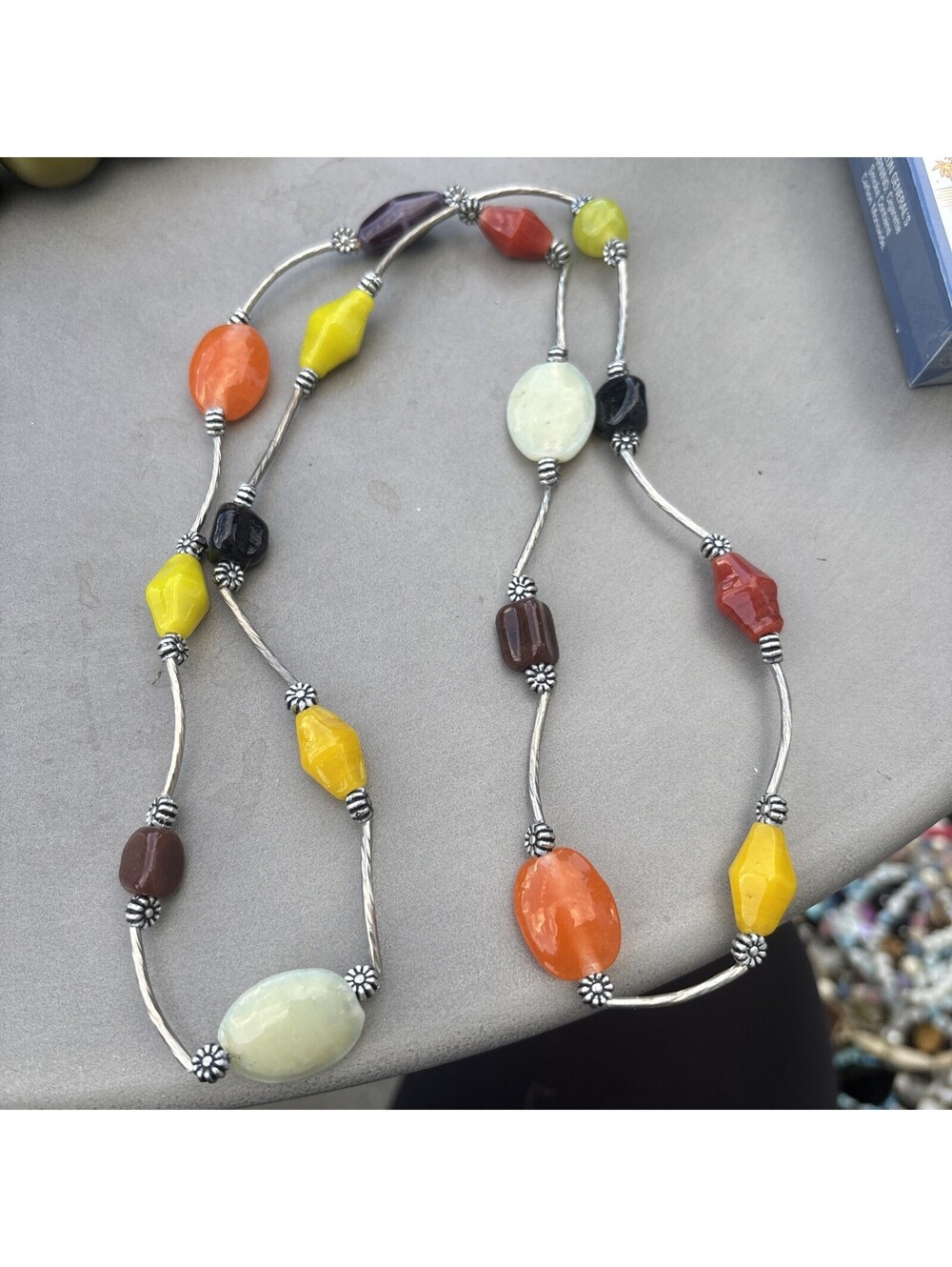 Necklace W/Red, Amber, Cream, And Green Glass  Beads